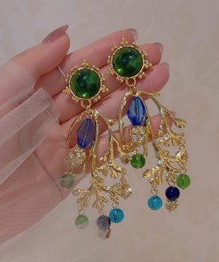 Exotic Vintage Turquoise Green Gemstone Crystal Earrings - Oversized Ethnic Statement Travel Jewelry