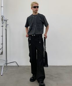 Exposed Stitch Short Sleeve T-Shirt in Carbon Gray and Khaki - Trendy 90s Inspired Design, Urban Style Top for Casual Wear