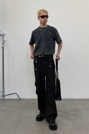 Exposed Stitch Short Sleeve T-Shirt in Carbon Gray and Khaki - Trendy 90s Inspired Design, Urban Style Top for Casual Wear