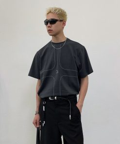 Exposed Stitch Short Sleeve T-Shirt in Carbon Gray and Khaki - Trendy 90s Inspired Design, Urban Style Top for Casual Wear