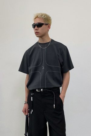 Exposed Stitch Short Sleeve T-Shirt in Carbon Gray and Khaki - Trendy 90s Inspired Design, Urban Style Top for Casual Wear