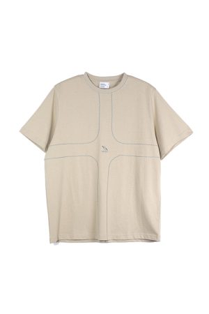 Exposed Stitch Short Sleeve T-Shirt in Carbon Gray and Khaki - Trendy 90s Inspired Design, Urban Style Top for Casual Wear