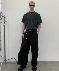 Exposed Stitch Short Sleeve T-Shirt in Carbon Gray and Khaki - Trendy 90s Inspired Design, Urban Style Top for Casual Wear