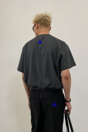 Exposed Stitch Short Sleeve T-Shirt in Carbon Gray and Khaki - Trendy 90s Inspired Design, Urban Style Top for Casual Wear