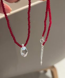 Exquisite 925 Silver Red Agate White Crystal Pendant Necklace for Women - High-End Clavicle Chain, Korean Style Jewelry
