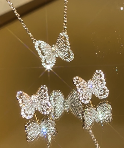 Exquisite 925 Sterling Silver Three-Dimensional Butterfly Necklace and Diamond Inlaid Earrings Set - Light Luxury Jewelry