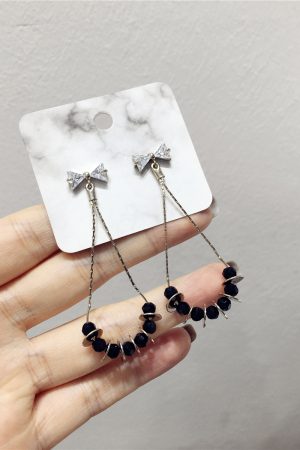 Exquisite French Retro Diamond Bow Water Drop Earrings with Artificial Crystal and Metal Accent - Luxurious Statement Jewelry