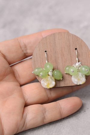 Exquisite Handmade Glass Rose Green Earrings with Unique Pearl Ear Hooks - Elegant Niche Design for Distinctive Style