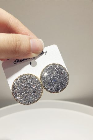 Exquisite Korean Style Ultra-Shiny Mesh Drop Earrings with Fine Diamonds and Rhinestones in Round Geometric Shape
