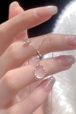 Exquisite Pink Water Drop Butterfly Necklace for Women - 2025 High-End Clavicle Chain, Light Luxury Fashion Accessory