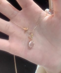 Exquisite Pink Water Drop Butterfly Necklace for Women - 2025 High-End Clavicle Chain, Light Luxury Fashion Accessory