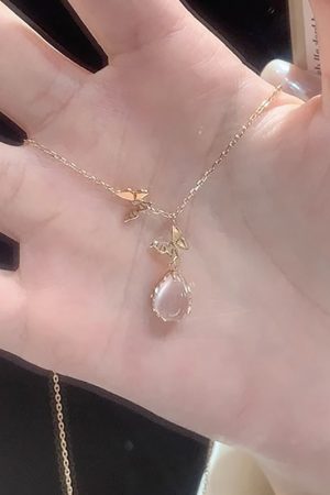 Exquisite Pink Water Drop Butterfly Necklace for Women - 2025 High-End Clavicle Chain, Light Luxury Fashion Accessory