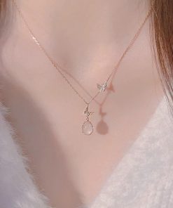 Exquisite Pink Water Drop Butterfly Necklace for Women - 2025 High-End Clavicle Chain, Light Luxury Fashion Accessory