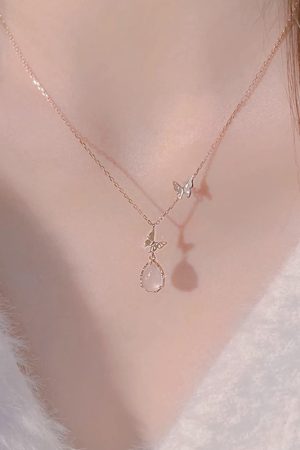 Exquisite Pink Water Drop Butterfly Necklace for Women - 2025 High-End Clavicle Chain, Light Luxury Fashion Accessory