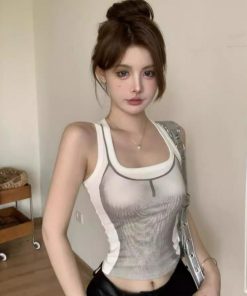 Exquisite Pure Cotton Square Neck Fitted Camisole Vest - Unique American Print Top for Sweet and Spicy Women