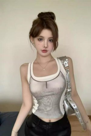 Exquisite Pure Cotton Square Neck Fitted Camisole Vest - Unique American Print Top for Sweet and Spicy Women