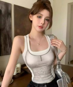 Exquisite Pure Cotton Square Neck Fitted Camisole Vest - Unique American Print Top for Sweet and Spicy Women