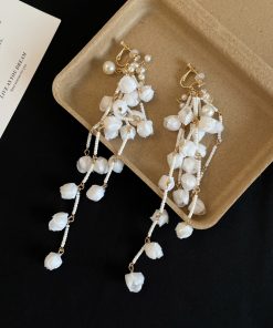 Exquisite White Lily of the Valley Tassel Drop Earrings - Light Luxury Sweet Bridal Accessories with Unique Exaggerated Design