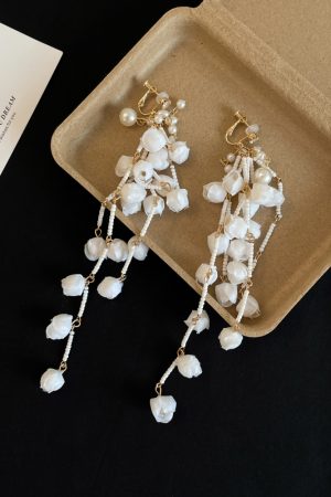 Exquisite White Lily of the Valley Tassel Drop Earrings - Light Luxury Sweet Bridal Accessories with Unique Exaggerated Design
