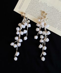Exquisite White Lily of the Valley Tassel Drop Earrings - Light Luxury Sweet Bridal Accessories with Unique Exaggerated Design