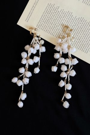Exquisite White Lily of the Valley Tassel Drop Earrings - Light Luxury Sweet Bridal Accessories with Unique Exaggerated Design