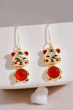 Exquisite Zodiac Year Tiger Earrings with Red Garnet - High-End Ethereal Tiger Ear Pendants for Women, Wealth-Attracting Jewelry