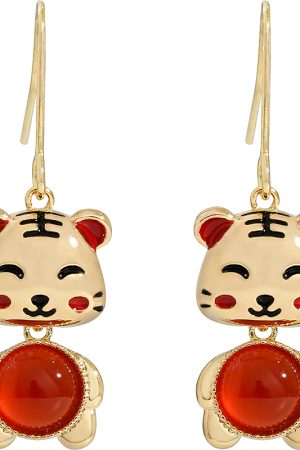 Exquisite Zodiac Year Tiger Earrings with Red Garnet - High-End Ethereal Tiger Ear Pendants for Women, Wealth-Attracting Jewelry