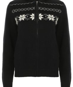 Fair Isle Black Zip-Up Hoodie Sweater Coat for Women - 2025 Winter Knit Top, Cozy Christmas Style, Trendy Warm Layer