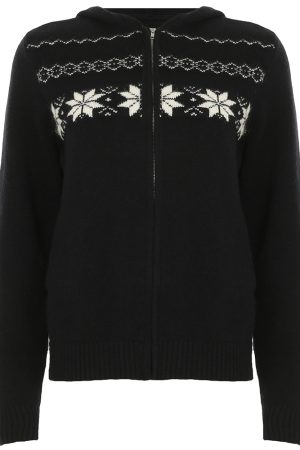 Fair Isle Black Zip-Up Hoodie Sweater Coat for Women - 2025 Winter Knit Top, Cozy Christmas Style, Trendy Warm Layer
