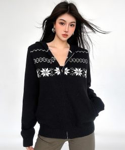 Fair Isle Black Zip-Up Hoodie Sweater Coat for Women - 2025 Winter Knit Top, Cozy Christmas Style, Trendy Warm Layer