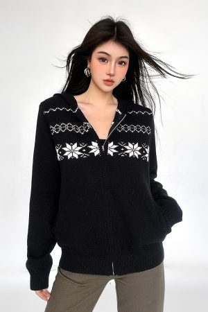 Fair Isle Black Zip-Up Hoodie Sweater Coat for Women - 2025 Winter Knit Top, Cozy Christmas Style, Trendy Warm Layer
