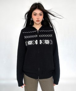 Fair Isle Black Zip-Up Hoodie Sweater Coat for Women - 2025 Winter Knit Top, Cozy Christmas Style, Trendy Warm Layer