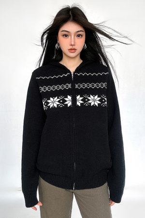 Fair Isle Black Zip-Up Hoodie Sweater Coat for Women - 2025 Winter Knit Top, Cozy Christmas Style, Trendy Warm Layer