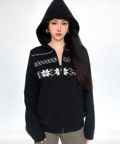 Fair Isle Black Zip-Up Hoodie Sweater Coat for Women - 2025 Winter Knit Top, Cozy Christmas Style, Trendy Warm Layer
