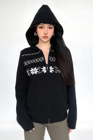 Fair Isle Black Zip-Up Hoodie Sweater Coat for Women - 2025 Winter Knit Top, Cozy Christmas Style, Trendy Warm Layer