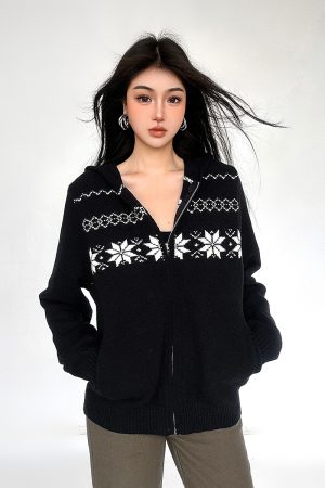 Fair Isle Black Zip-Up Hoodie Sweater Coat for Women - 2025 Winter Knit Top, Cozy Christmas Style, Trendy Warm Layer