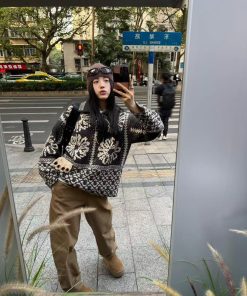 Fair Isle Sweater for Women - Loose Collar Black Jacquard Knit Top, Perfect for Pumpkin and Christmas Outfits, Cozy Barn-Style Fashion