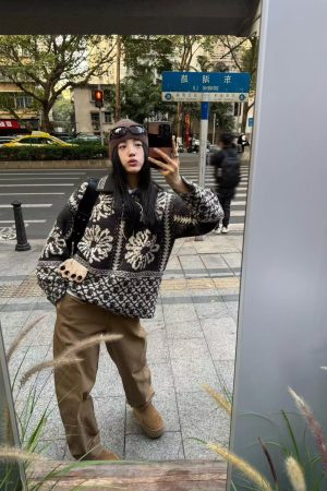 Fair Isle Sweater for Women - Loose Collar Black Jacquard Knit Top, Perfect for Pumpkin and Christmas Outfits, Cozy Barn-Style Fashion