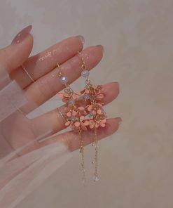 Fairy Flower Tassel Earrings with Freshwater Pearls - Long Elegant Ear Drops in Forest Style for a Slimmer Face Look