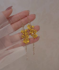 Fairy Flower Tassel Earrings with Freshwater Pearls - Long Elegant Ear Drops in Forest Style for a Slimmer Face Look