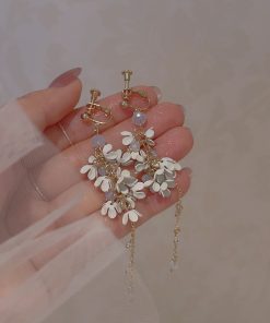 Fairy Flower Tassel Earrings with Freshwater Pearls - Long Elegant Ear Drops in Forest Style for a Slimmer Face Look