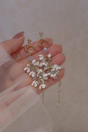 Fairy Flower Tassel Earrings with Freshwater Pearls - Long Elegant Ear Drops in Forest Style for a Slimmer Face Look