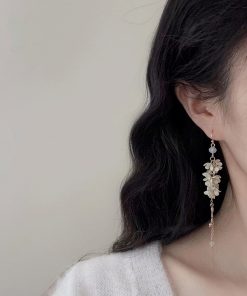 Fairy Flower Tassel Earrings with Freshwater Pearls - Long Elegant Ear Drops in Forest Style for a Slimmer Face Look