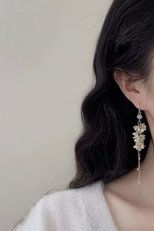 Fairy Flower Tassel Earrings with Freshwater Pearls - Long Elegant Ear Drops in Forest Style for a Slimmer Face Look