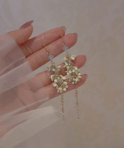 Fairy Flower Tassel Earrings with Freshwater Pearls - Long Elegant Ear Drops in Forest Style for a Slimmer Face Look