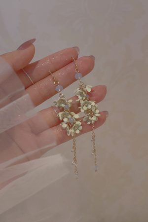 Fairy Flower Tassel Earrings with Freshwater Pearls - Long Elegant Ear Drops in Forest Style for a Slimmer Face Look