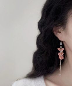 Fairy Flower Tassel Earrings with Freshwater Pearls - Long Elegant Ear Drops in Forest Style for a Slimmer Face Look