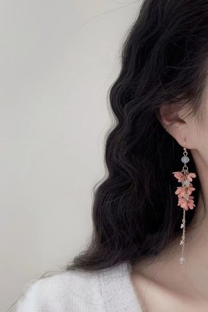 Fairy Flower Tassel Earrings with Freshwater Pearls - Long Elegant Ear Drops in Forest Style for a Slimmer Face Look