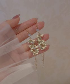 Fairy Flower Tassel Earrings with Freshwater Pearls - Long Elegant Ear Drops in Forest Style for a Slimmer Face Look