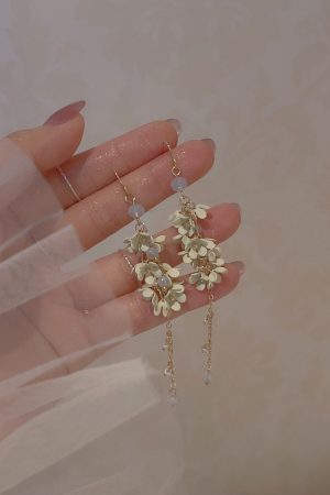Fairy Flower Tassel Earrings with Freshwater Pearls - Long Elegant Ear Drops in Forest Style for a Slimmer Face Look